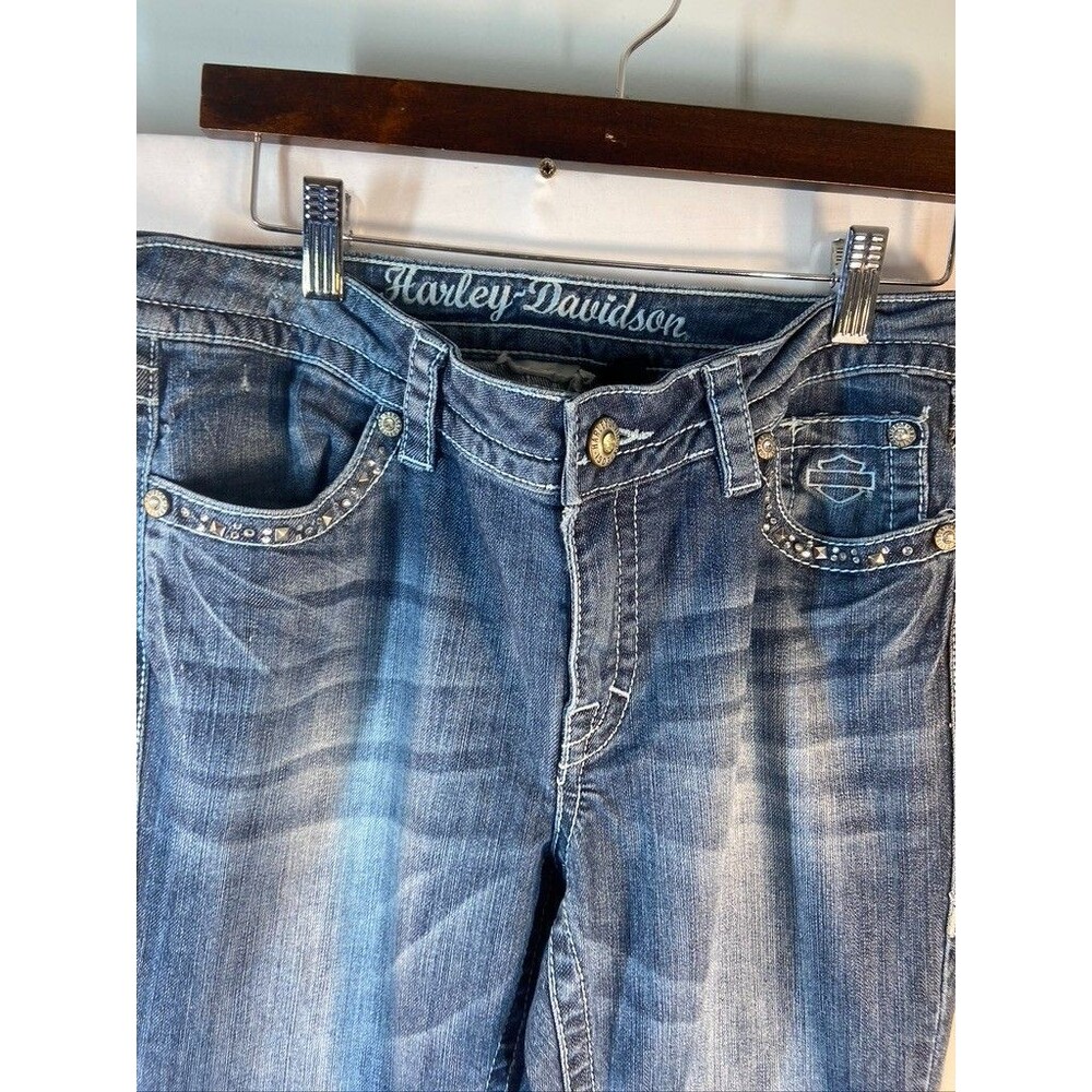 HARLEY DAVIDSON WOMENS SZ 6 TALL RHINESTONE BLUE JEANS 34 INSEAM BOOTCUT - Picture 2 of 4
